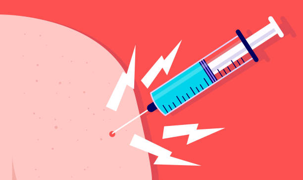 ilustrações de stock, clip art, desenhos animados e ícones de painful vaccine injected into arm with red background - fobia ilustrações