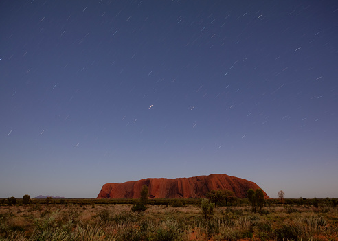 Northern Territory, Australia - March 30, 2016: Pre-dawn at Uluru, in the heart of Australia's Outback. A plain of grass in the foreground stretches away towards the horizon and great limestone mass that is Uluru. Overhead we see star trails.