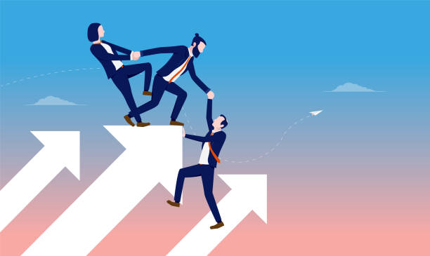 ilustrações de stock, clip art, desenhos animados e ícones de business team growth - group of businesspeople climbing on arrows pointing up - colored background aspirations success achievement