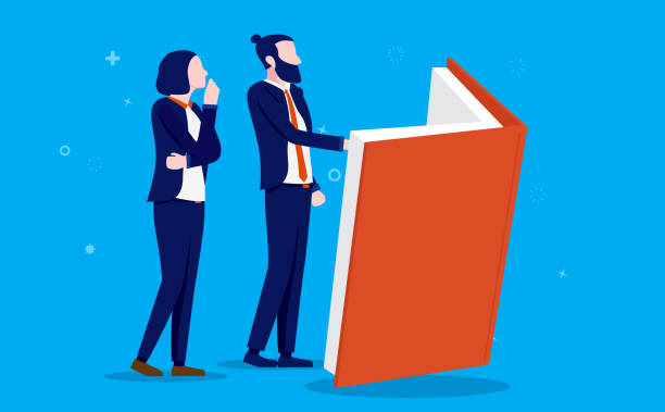 Businessman and woman reading book and educating them self in business. Vector illustration.