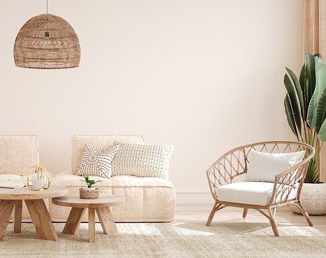 Scandinavian Style Boho Living Room with Wooden Furnitures and Beige Wall. 3D Render