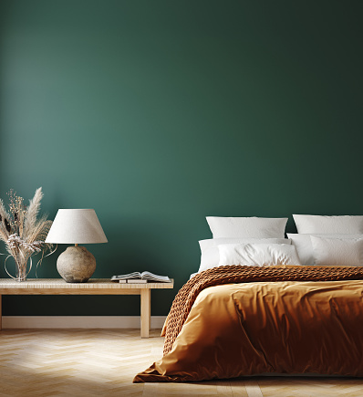 Home interior mockup with orange bed, bench and lamp in bedroom, 3d render