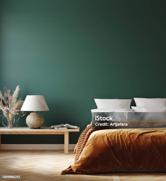 Home Interior Mockup With Orange Bed Bench And Lamp In Bedroom Stock Photo - Download Image Now