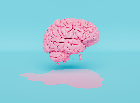 floating pink brain melting on charcoal and pastel blue background. 3d rendering
