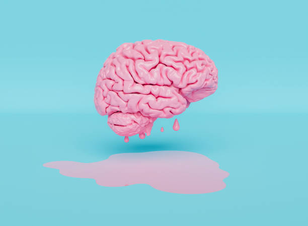 floating pink brain melting floating pink brain melting on charcoal and pastel blue background. 3d rendering melting brain stock pictures, royalty-free photos & images