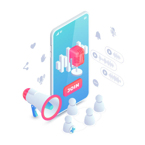 istock Voice social networking app, join voice chat or audio blog isometric concept with smartphone, microphone, sound wave and megaphone. Social media networks audio chat, radio show 3d vector illustration 1309888598