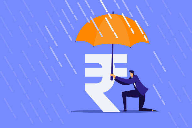 Conceptual illustration of a financial expert holding umbrella over the rupee symbol from rain Conceptual illustration of a financial expert holding umbrella over the rupee symbol from rain rupee symbol stock illustrations
