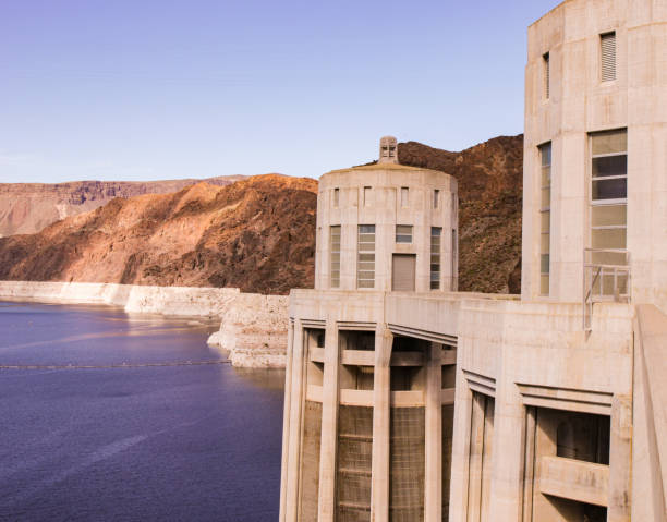 istock Structures and bridges by the lake in the desert 1309890697
