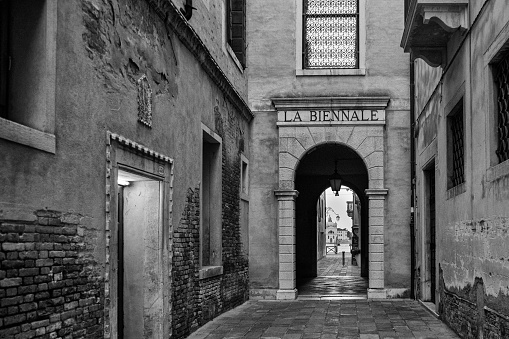 Black and white photo of the Biennale archway, Venice, Italy