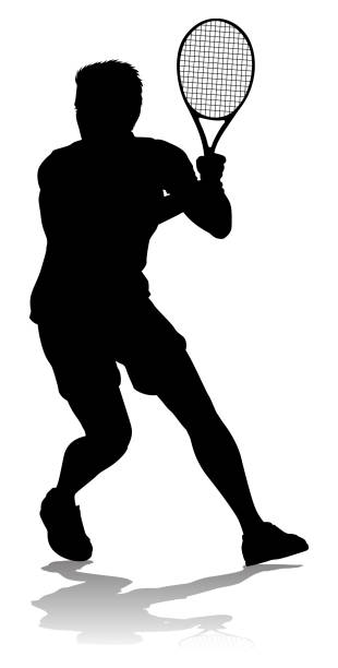ilustraciones, imágenes clip art, dibujos animados e iconos de stock de tenista silueta jugador deportivo hombre - tennis silhouette vector ball