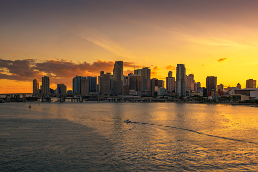 Sunset above Downtown Miami Skyline and Biscayne Bay photographed from MacArthur Causeway on Watson Island, Florida.