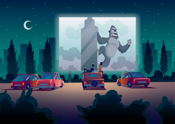 Car street cinema. Drive-in theater with automobiles stand in open air parking at night. Large outdoor screen. Cinema night vector banner in cartoon style Car street cinema. Drive-in theater with automobiles stand in open air parking at night. Large outdoor screen. Cinema night vector banner in cartoon style. couple driving at night stock illustrations