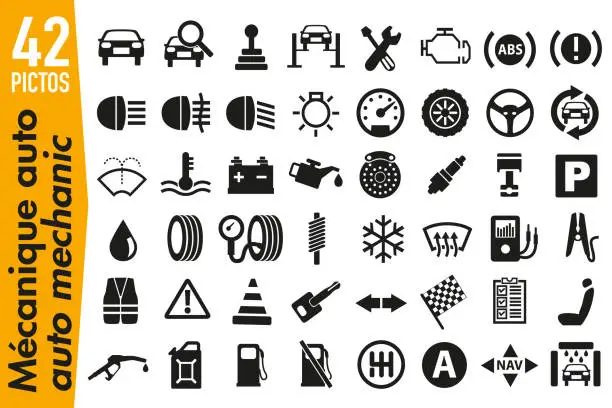 Vector illustration of 42 signaling pictograms on the theme of automotive mechanics.