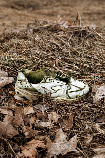 istock Old torn sneakers in dirty grass. 1309896566