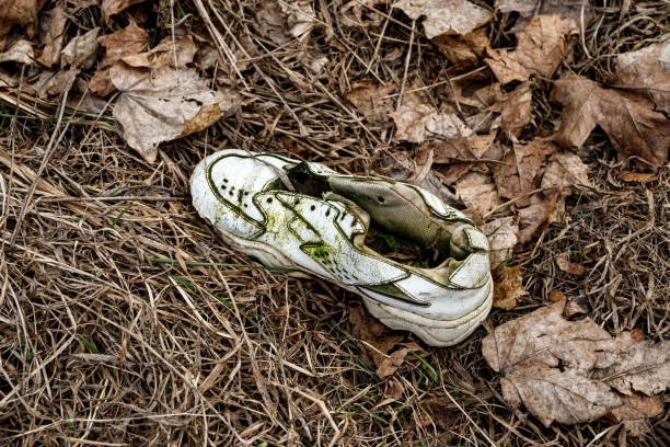 istock Old torn sneakers in dirty grass. 1309896573