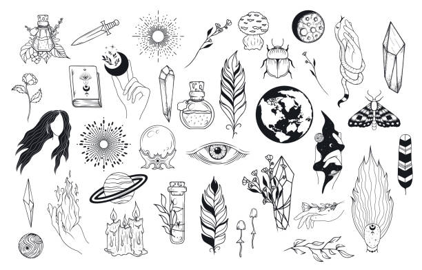 ilustrações de stock, clip art, desenhos animados e ícones de big witchcraft set with celestial hands, witch elements, evil eye, feathers, candles, mushrooms, crystals. vector isolated mystical illustration. - voodoo