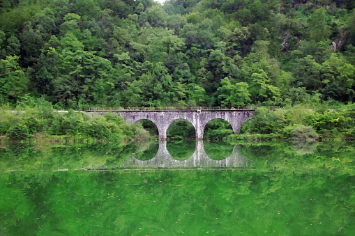 Watercolor effect on a photo of Soca valley - a famous bridge on lake Most na Soci and trees in the background. Watercolor effect on a photography taken from a boat.