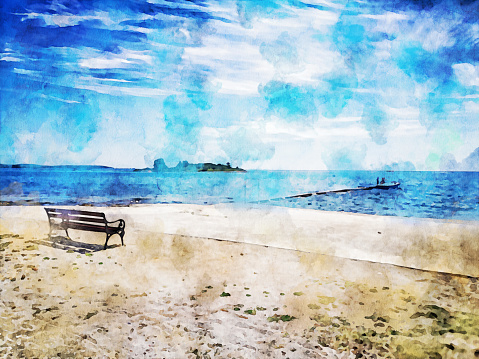 Watercolor painting effect on a photo  of an empty beach in Rovinj in Istria, Croatia. Detail of an empty bench on a  stone beach in front of a pier, a small island on a blue wavy sea in the background. Watercolor effect on a photography.