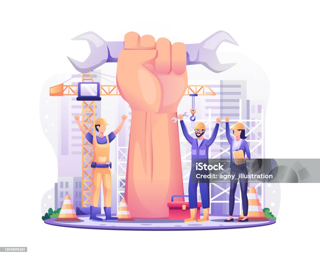 勞動節快樂。5月1日，建築工人舉起巨大的手臂慶祝勞動節。向量插圖 - 免版稅一個人圖庫向量圖形