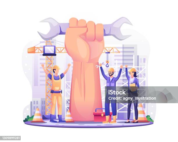 勞動節快樂5月1日建築工人舉起巨大的手臂慶祝勞動節向量插圖向量圖形及更多一個人圖片 - 一個人, 五月, 概念