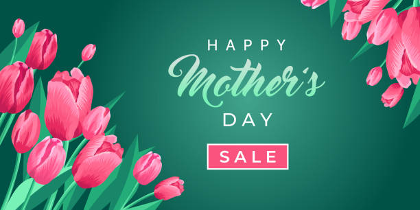 happy mothers dzień sprzedaży baner internetowy. karta wektorowa do mediów społecznościowych, sklepów internetowych, plakatów. tekst dnia szczęśliwej matki, sprzedaż. winieta pięknych tulipanów, liści i pąków kwiatowych na zielonym tle. - green backgrounds internet banner stock illustrations