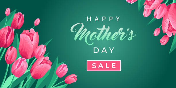 Happy mothers day sale web banner. Vector card for social media, online stores, poster. Text of happy mother's day, sale. A vignette of beautiful tulips, leaves and flower buds on green background. Happy mothers day sale web banner. Vector card for social media, online stores, poster. Text of happy mother's day, sale. A vignette of beautiful tulips, leaves and flower buds on green background bouquet backgrounds spring tulip stock illustrations