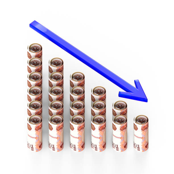 istock Financial fall chart on a white background. Rows in the form of rolled-up ruble notes. 3d illustration. 1309903648