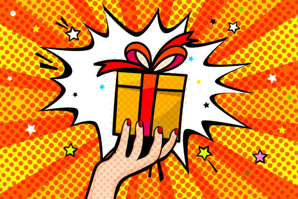 istock Yellow Gift box with red bow in pop art style. Greeting card 1309904496