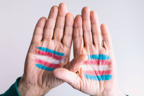 Transsexual man raises his hands with the transsexual flag painted on the palms stock photo