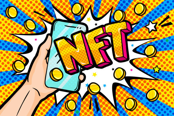 Concept of non fungible token. Hand holding a phone with Text NFT. Pay for unique collectibles in games or art. Concept of non fungible token. Hand holding a phone with Text NFT in pop art style. Pay for unique collectibles in games or art. Vector illustration. buy single word stock illustrations