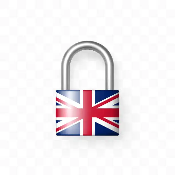 Vector illustration of Secure enclosed padlock decorated with the UK flag. Isolated object on checkered background. Lock icon. Data protection, Security Secret information, Border is locked, Lockdown concept