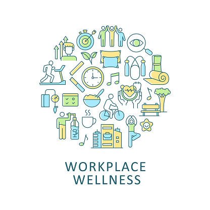 Workplace wellness abstract color concept layout with headline. Corporate policy, employee wellbeing. Health promotion activity creative idea. Isolated vector filled contour icons for web background