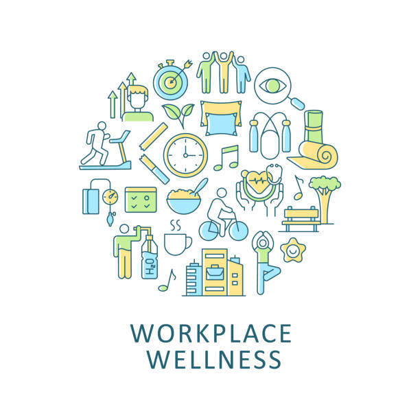 Workplace wellness abstract color concept Workplace wellness abstract color concept layout with headline. Corporate policy, employee wellbeing. Health promotion activity creative idea. Isolated vector filled contour icons for web background healthy lifestyle stock illustrations