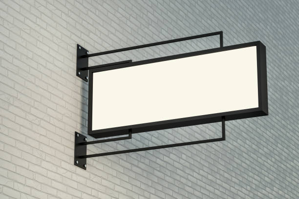 istock Blank light box signage mockup on brick wall background, 3d render 1309913942