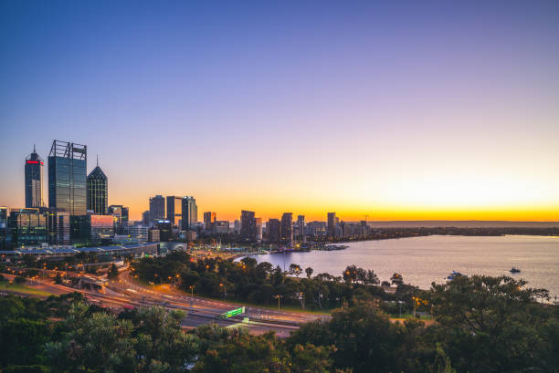 skyline of perth skyline of perth cbd at dawn in western australia, australia perth australia photos stock pictures, royalty-free photos & images