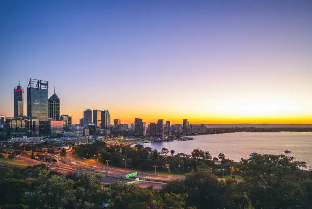 skyline of perth cbd at dawn in western australia, australia
