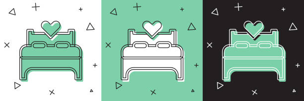 ilustrações, clipart, desenhos animados e ícones de definir ícone quarto isolado em branco e verde, fundo preto. casamento, amor, símbolo de casamento. ícone criativo do quarto da coleção de lua de mel. vetor - honeymoon romance wedding bedroom