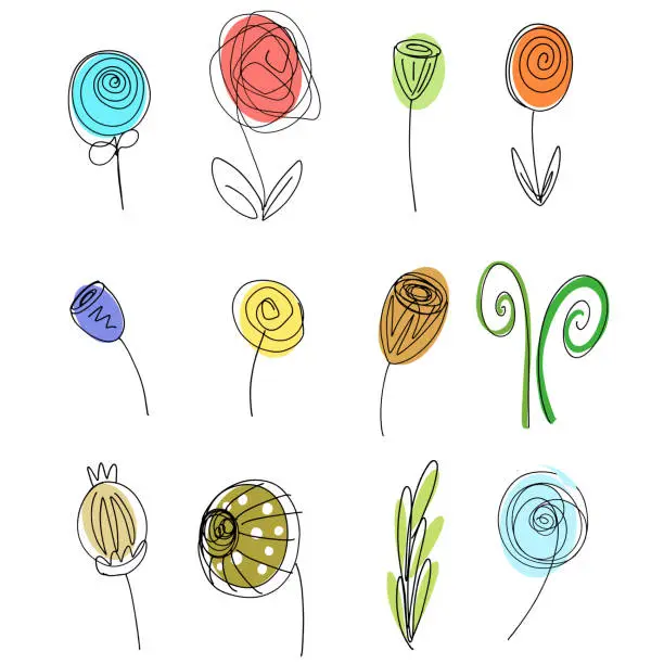 Vector illustration of Flowers and Leaves Doodle Illustration Icon Collection in Vector Format