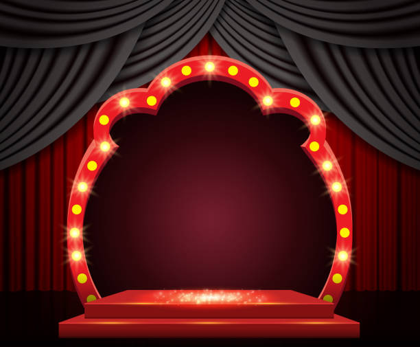 istock Background with red curtain, podium and retro arch banner. Design for presentation, concert, show 1309921245