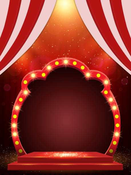 istock Background with red curtain, arch banner and spotlights. Design for presentation, concert, show 1309921290