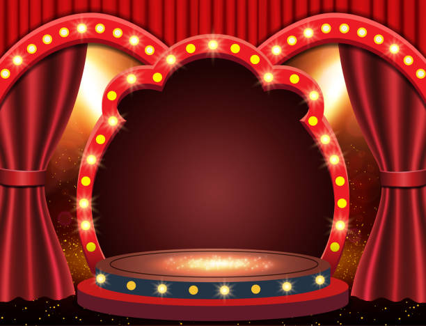 istock Background with red theatre curtain, retro arch banner and podium 1309921426