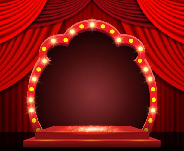 istock Background with red curtain, podium and retro arch banner. Design for presentation, concert, show 1309921447
