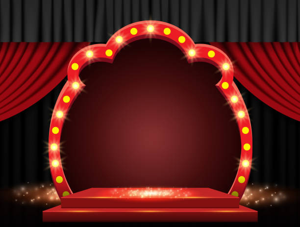 istock Background with red curtain, podium and retro arch banner. Design for presentation, concert, show 1309921476