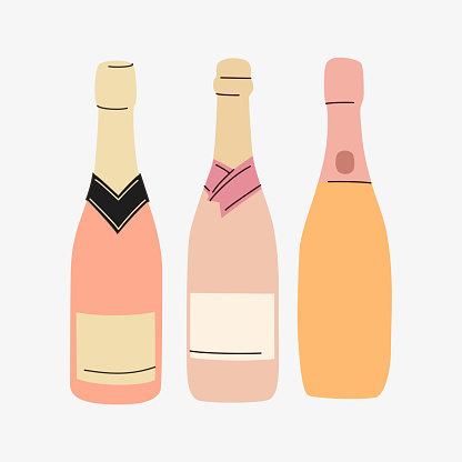 Rose bottles silhouettes in different shapes. Vector with place for text. Winery and celebration concept. Modern flat and linear design.