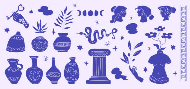 ilustraciones, imágenes clip art, dibujos animados e iconos de stock de siluetas azules de grecia - aphrodite