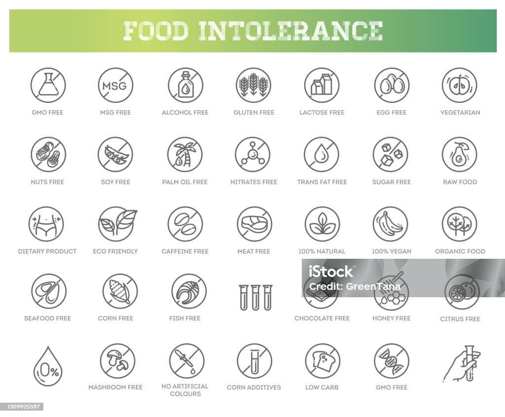 Allergen ingredients vector icons. Product free allergen ingredient symbols - Royalty-free Símbolo de ícone arte vetorial Allergen ingredients vector icons. Product free allergen ingredient symbols - Royalty-free Símbolo de ícone arte vetorial