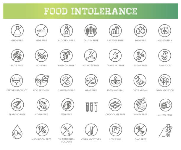 ilustrações de stock, clip art, desenhos animados e ícones de allergen ingredients vector icons. product free allergen ingredient symbols - food additive