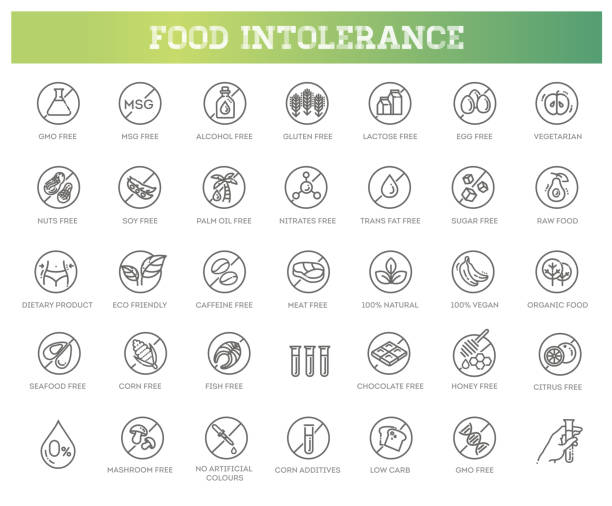 Allergen ingredients vector icons. Product free allergen ingredient symbols Natural organic cosmetics, vegan food symbols gluten free stock illustrations