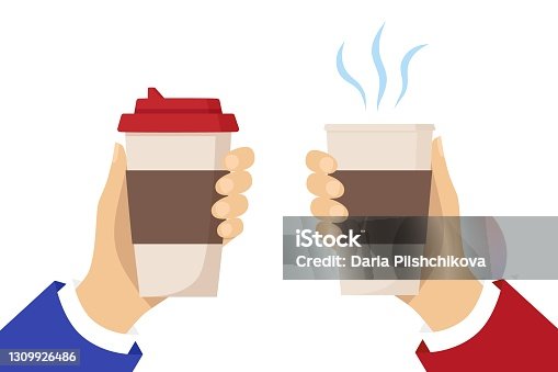 istock Two human hands hold cups of hot drink 1309926486