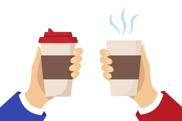 Vector illustration of Two human hands hold cups of hot drink